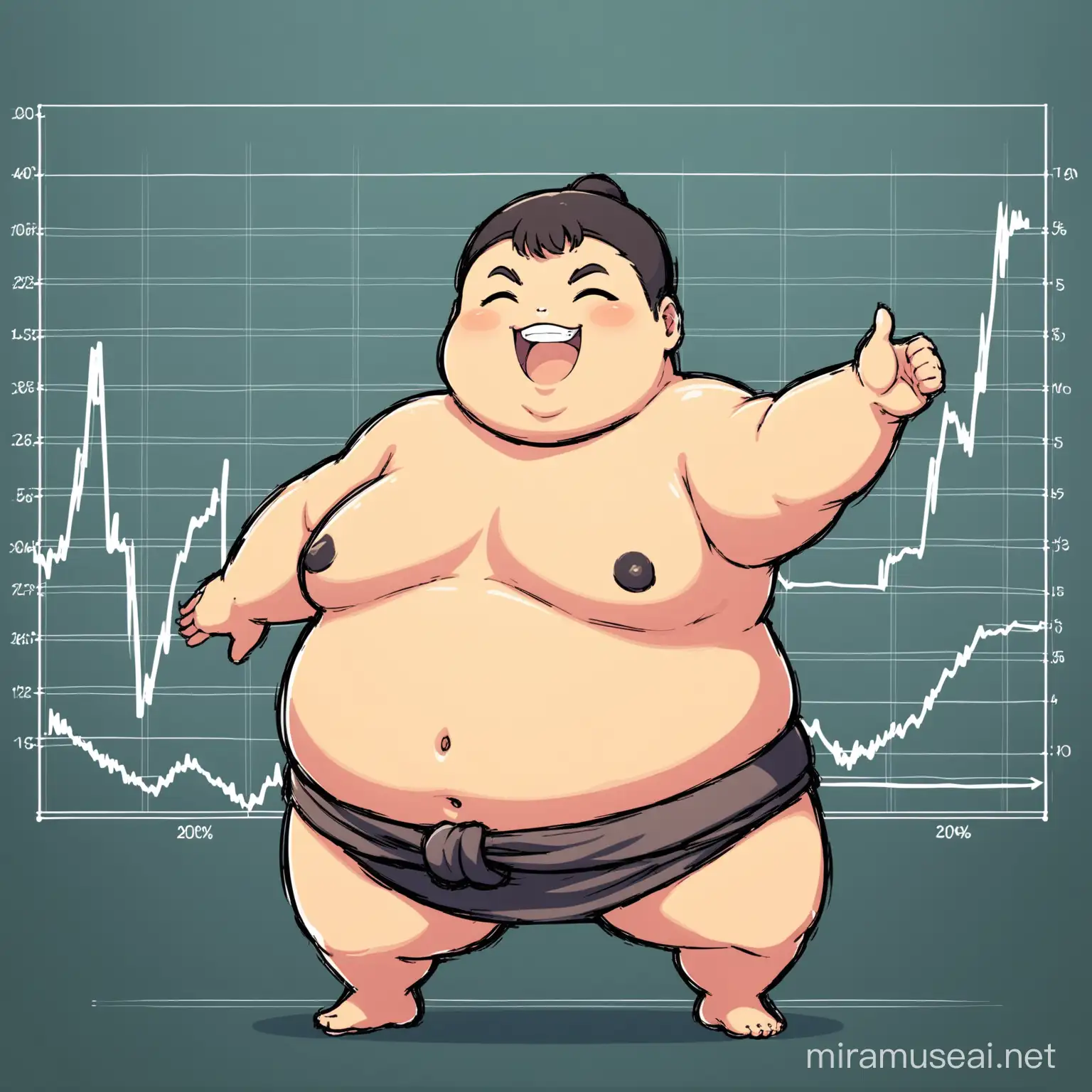 happy sumo in front of a line chart with the chart going up