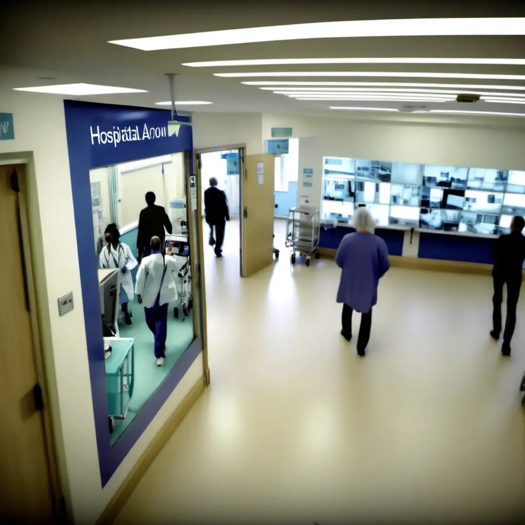 people walking around a hospital in the UK from the viewpoint of a CCTV camera