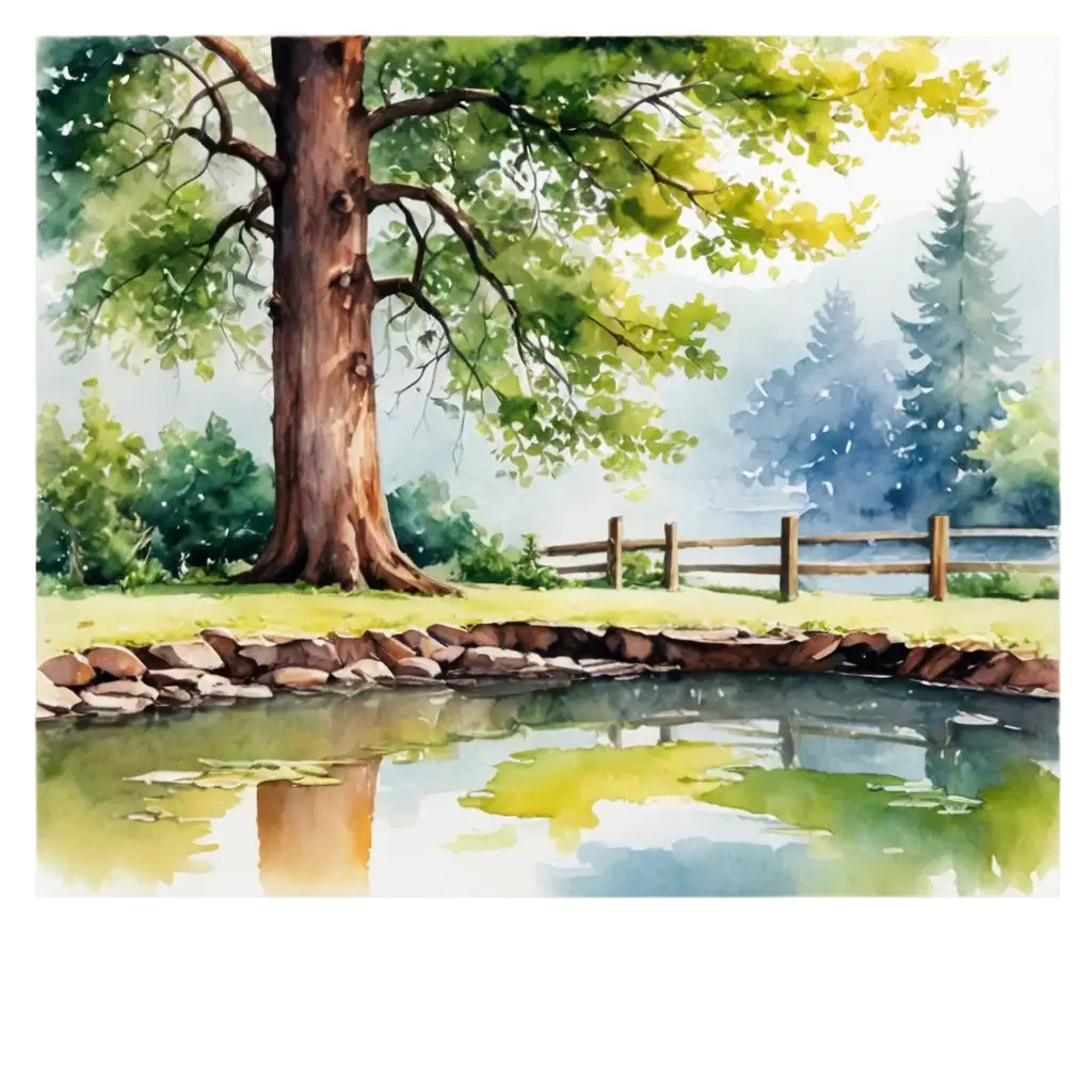 Watercolor-Painting-of-a-Serene-Pond-with-a-Majestic-Tree-and-Fence-PNG-Image