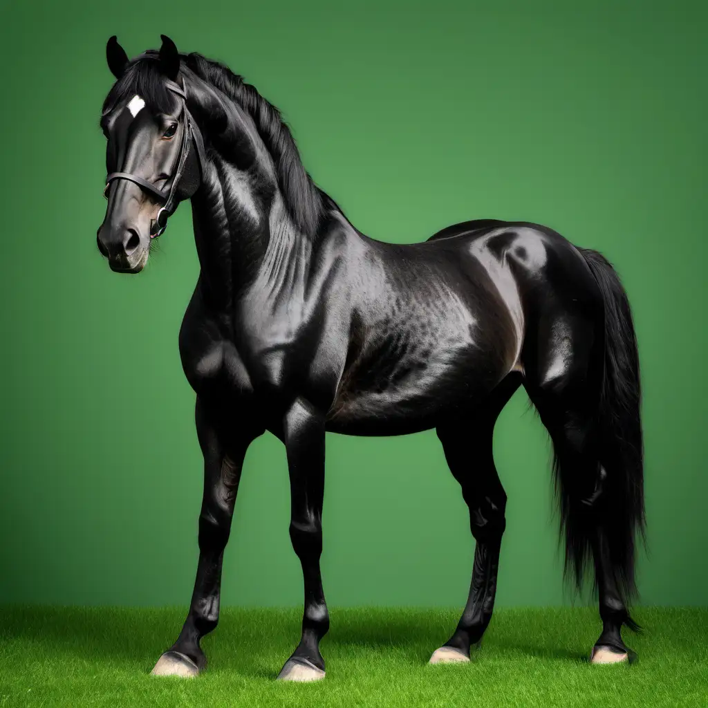 Majestic Black Horse Standing Tall on Vibrant Green Field