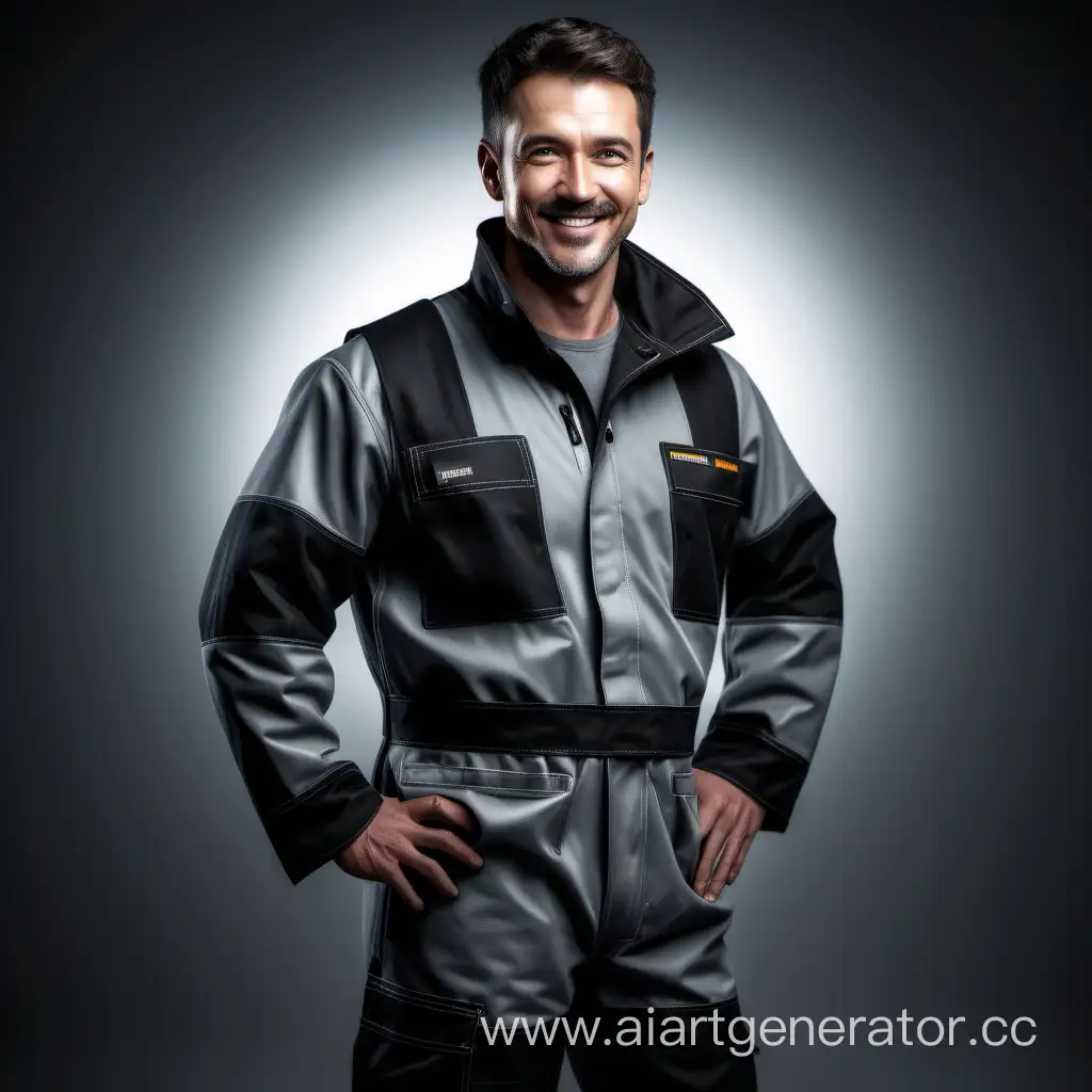 strong 30 years old man, smile, full length, half-profile view, wearing beautiful highly insulated black and grey workwear, 
 cinematic, beautiful, elegant, atmospheric，RAW Photo, dynamic composition, G-Master Lens, Photorealistic, Hyperrealistic, Hyperdetailed, natural light, soft lighting, masterpiece, best quality, ultra realistic, 8k, Intricate, High Detail in julie bell style