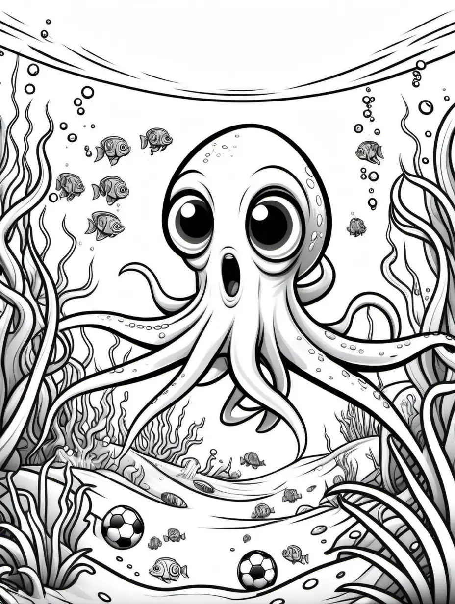 Underwater scene colouring page, generate a scene of squids, playing football,cartoon style art, all white with black outline, colouring page, solid white background , low detail, no shading, fun, simple,