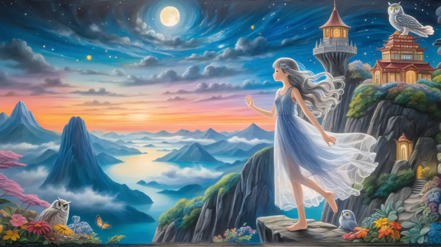 DIORAMA, ghibli inspired painting of beautiful enchanting slender, silver long wavy hair, sheer flowy dress, 18 YEAR OLD girl who shape-shifts into an owl, owl princess, playing with a big colorful owl in an enchanted forest skyline, flowers, fireflies and moonlight, sea of clouds, mountain, temple, colorful, cliff