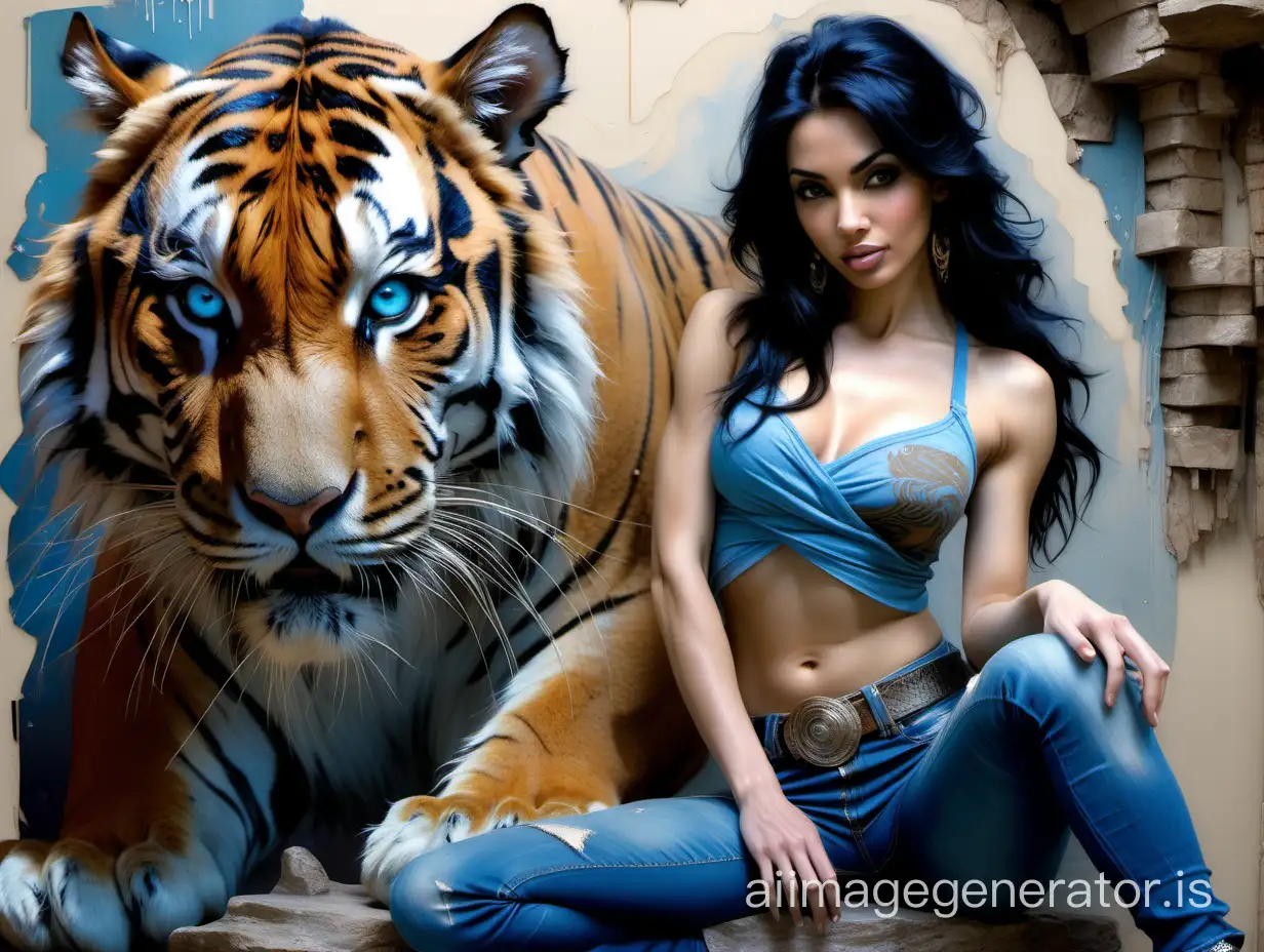 Hyper-detailed portrait of Arabian Princess Jasmine with Rajah the tiger, a beautifully stunning gorgeous very fit woman in tight blue jeans and tight blue crop top, dynamic pose, embarrassed seductive expression, blushing soft round face, shoulder-length black hair. Style of Jean Baptiste Monge, Carne Griffiths, Michael Garmash, Seb McKinnon, Wlop.