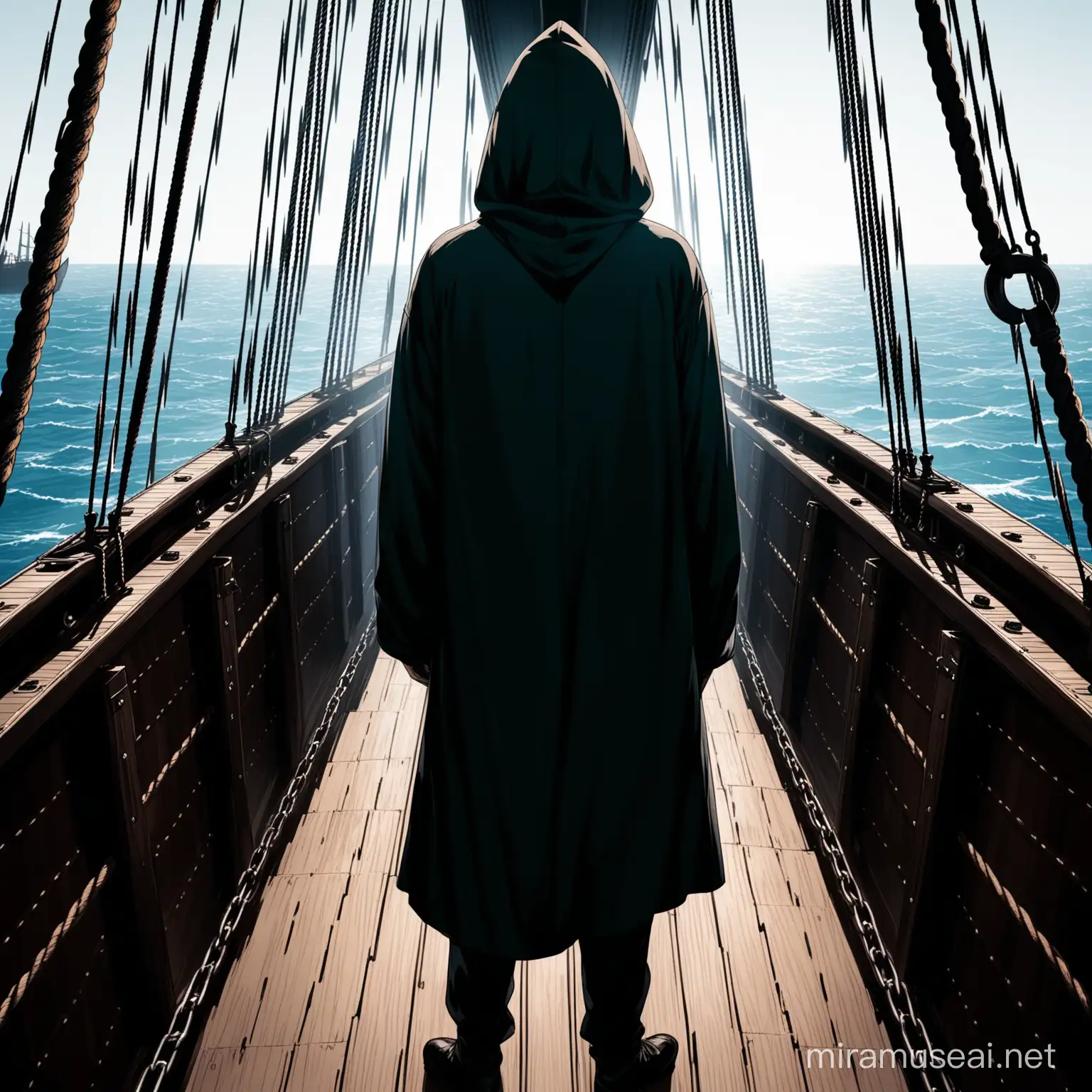 A man with no face that is just black with hoodie standing at the rail of a Galleon ship