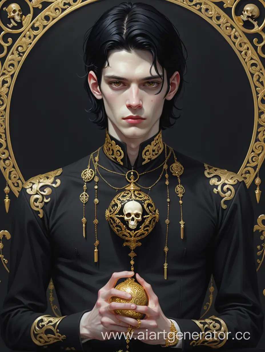 Serious-Young-Man-in-Ornate-Black-and-Gold-Attire-with-Bone-Accents