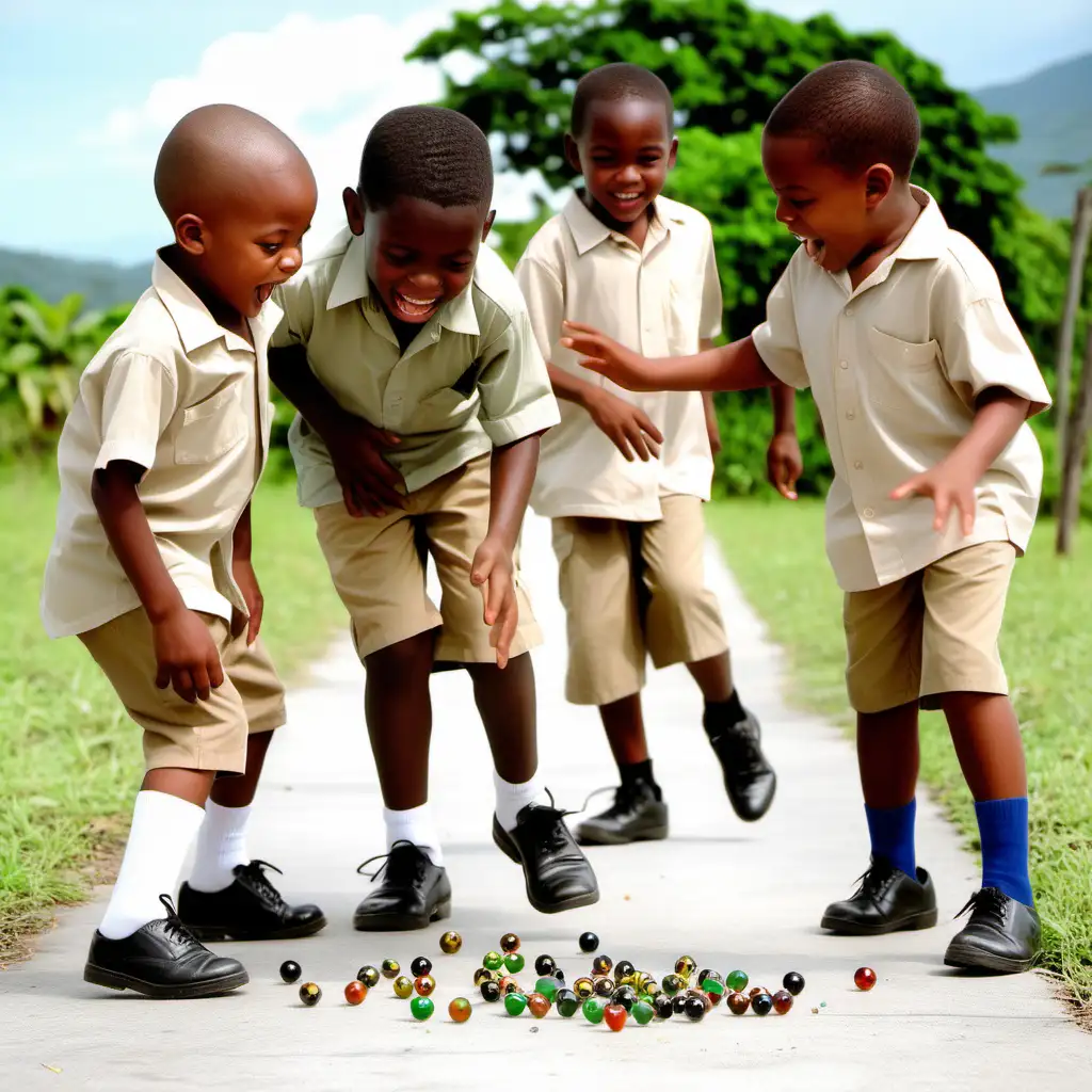 excited little boys, one stooping, all in short khaki pants and khaki shirts, black shoes and socks,  playing with small marbles on the school grounds in rural Jamaica
