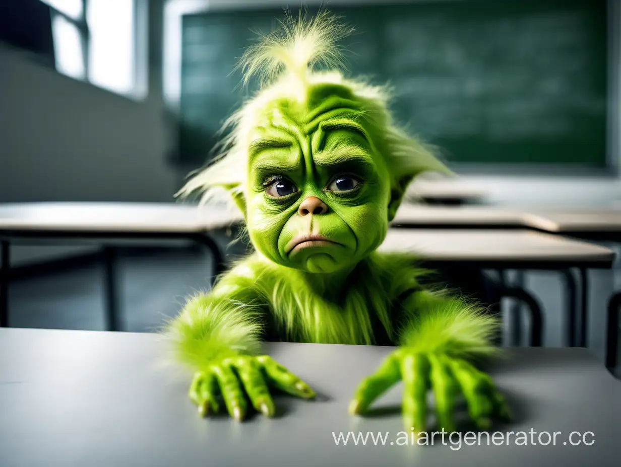 little sad baby grinch sitting in grey classroom got bored while lesson
