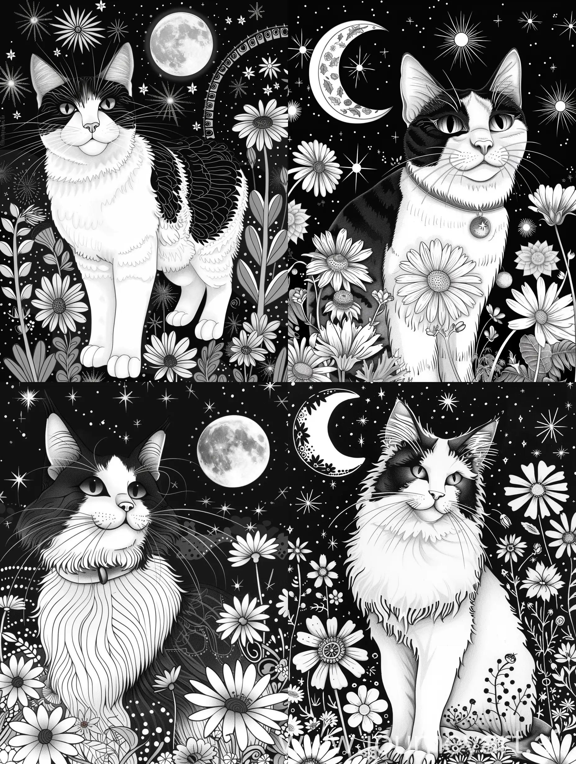 Mysterious-Black-and-White-Cat-Gazing-at-Bright-Night-Moon-Amongst-Floral-Serenity