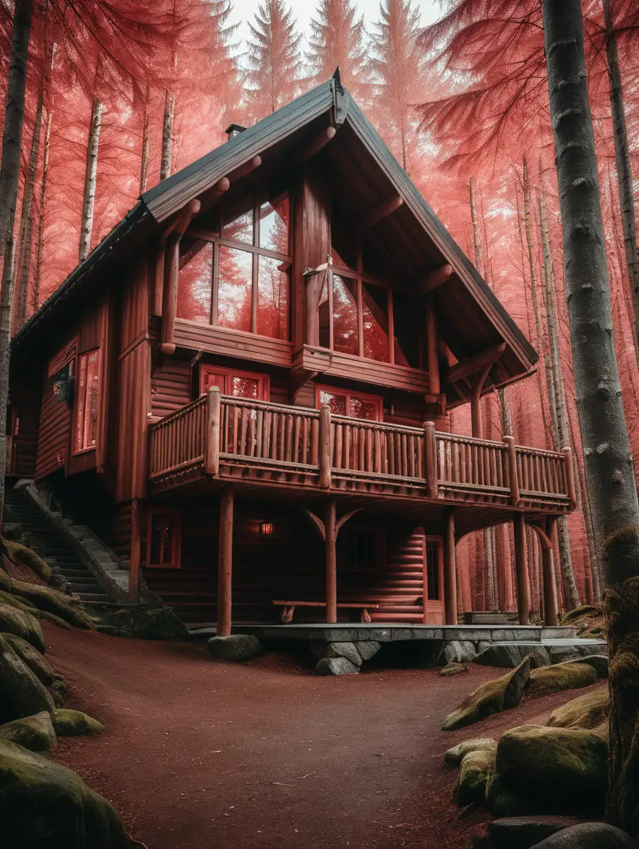 a wooden chalet in a forest surrounded by tress with red tones