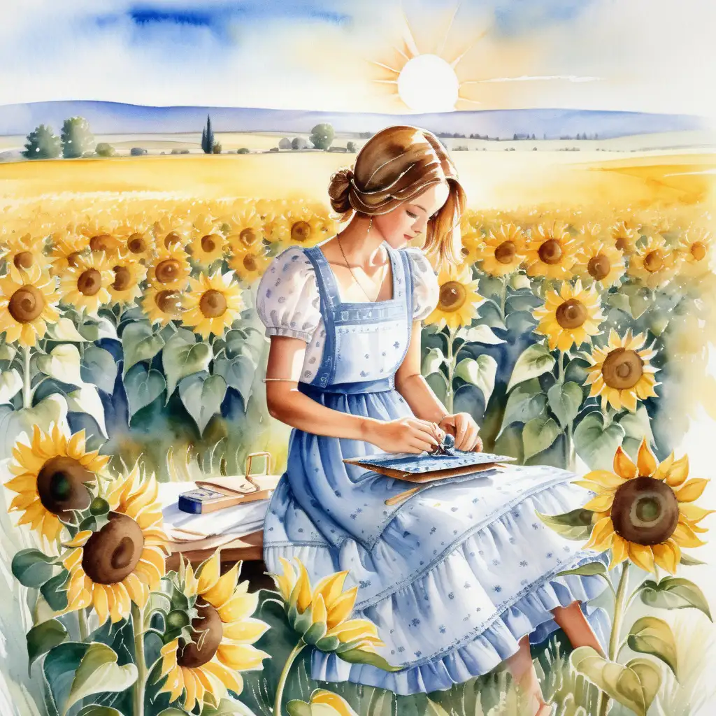 Ett fält med solrosor , en kvinna klädd I en sommarklänning sår och ser ut över fälten, solen skiner, med vattenfärg 