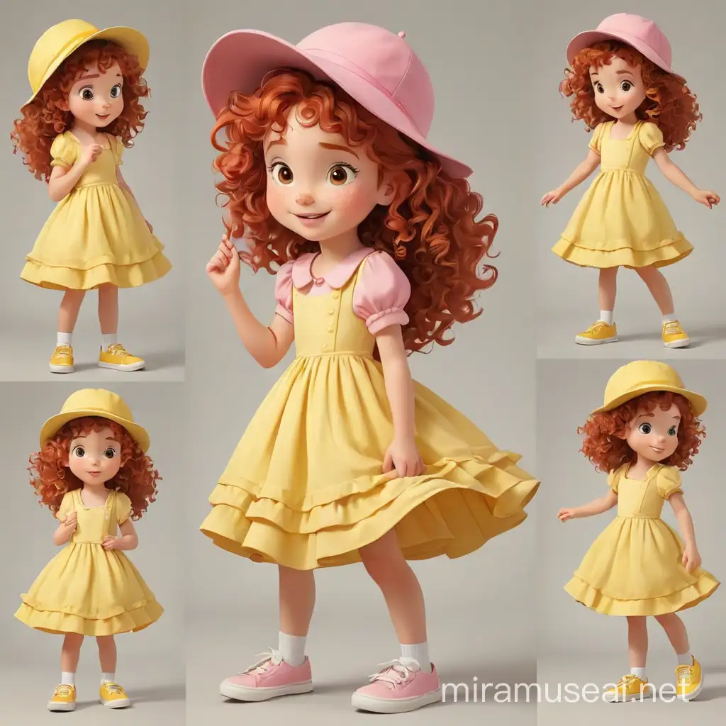 children style book, little girl, curly red hair, pink hat, yellow dress, white shoes, multiple posses, no outline