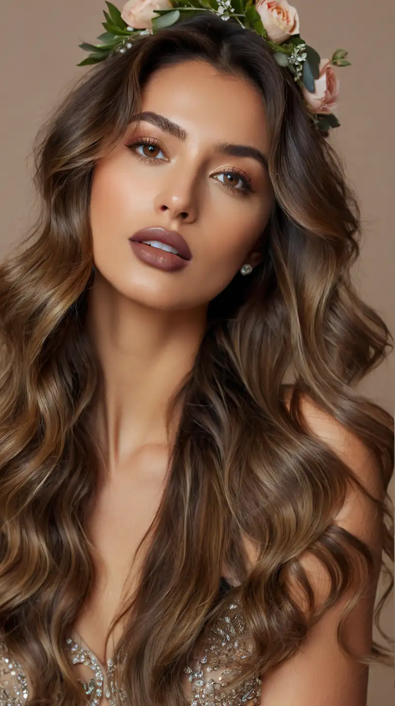 photoshoot with beige background of beautiful woman, dressed nicely, beautiful big matte taupe lips, makeup, long balayage wavy hair, with captivating eyes and a passionate expression, wearing flower crown, ultra-realistic