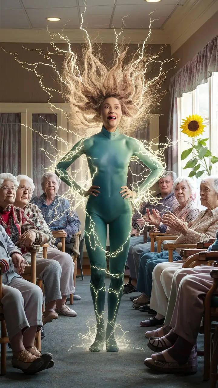 An image of a humanoid figure emanating intense electrical energy, standing powerfully in the center of a senior living room, where elderly individuals are seated around, their faces showing a mix of awe and delight. The figure's hair stands up with the static charge, and bolts of electricity arc from their body, while a single sunflower by the window blooms towards the radiant energy.
