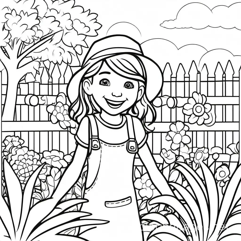 A happy girl in garden, Coloring Page, black and white, line art, white background, Simplicity, Ample White Space. The background of the coloring page is plain white to make it easy for young children to color within the lines. The outlines of all the subjects are easy to distinguish, making it simple for kids to color without too much difficulty