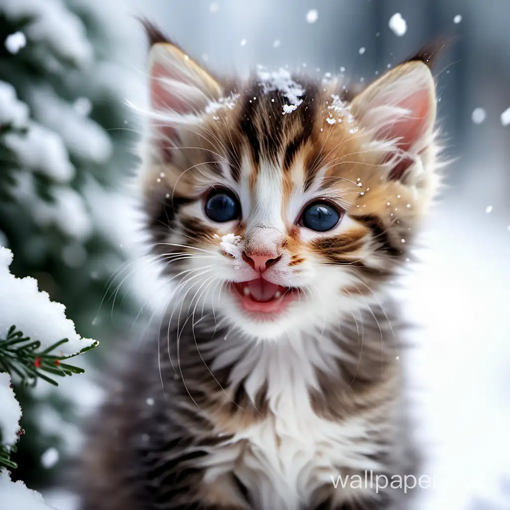 the cute kitten smiles against the backdrop of a snowy garden