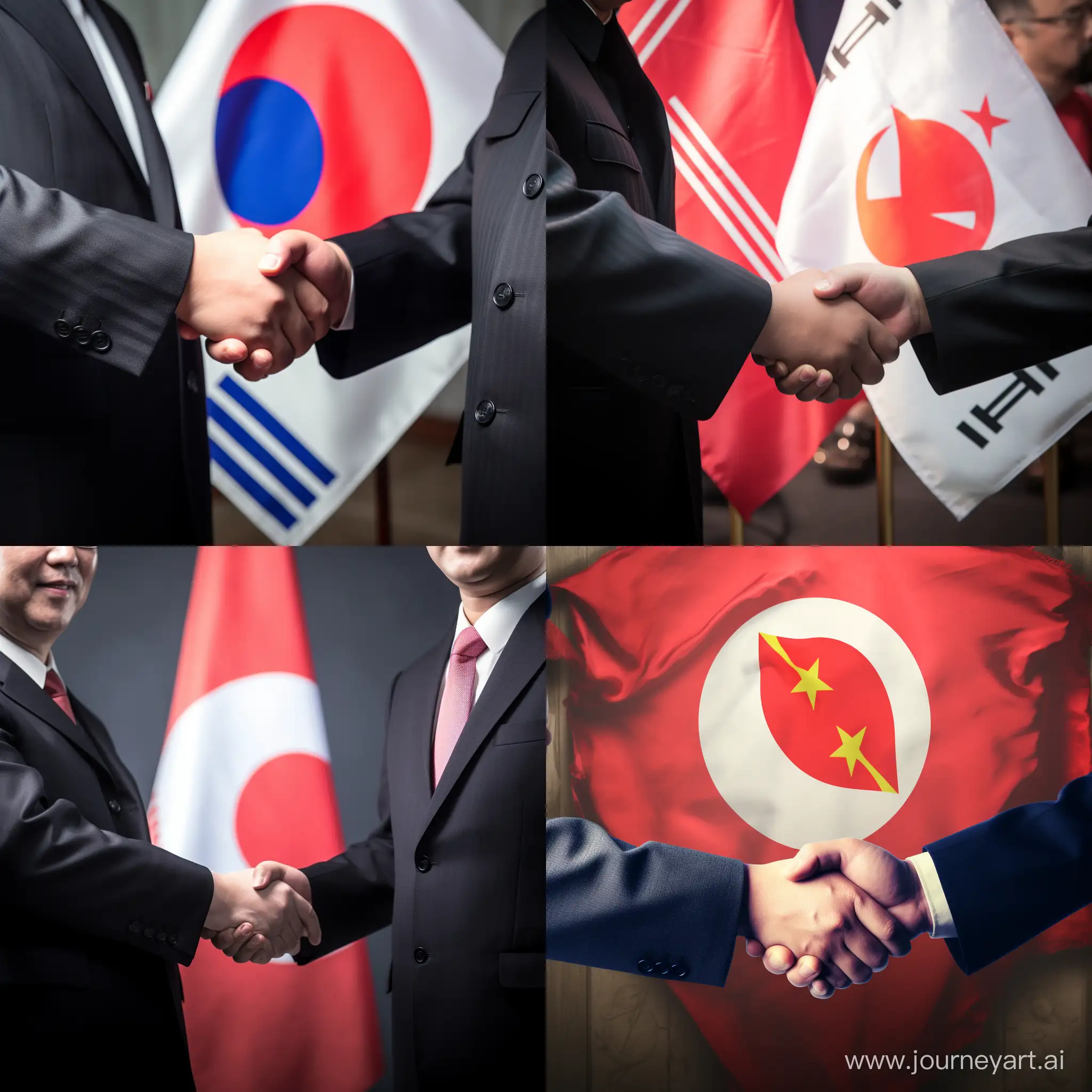 The flag of Iran and North Korea next to each other shaking hands