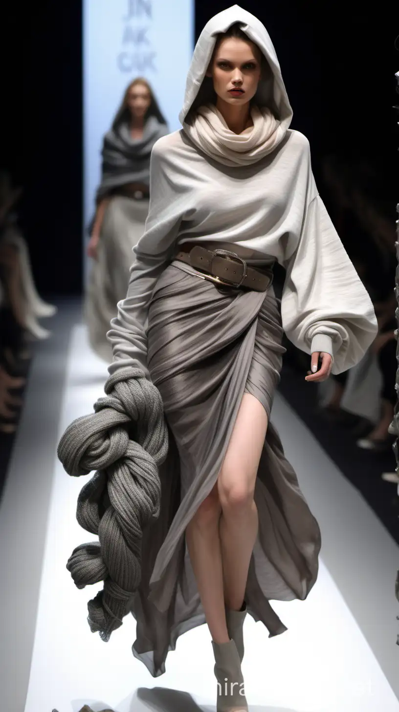 Stunning supermodel runway motion front angle wearing a short hooded top, knitted with large silk sleeves gathered at the elbow, and long washed silk skirt with layered effect, silk scarf as belt, statement jewelry gray taupe, glam, hyper-realistic, Garbage style 