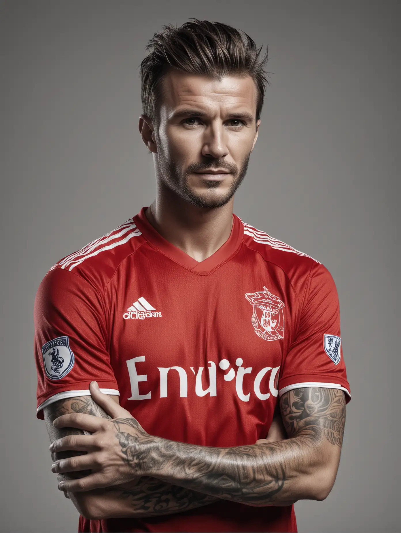 David Beckham Portrait in Red Football Jersey Monochrome HalfLength 4K Ultra HD Image