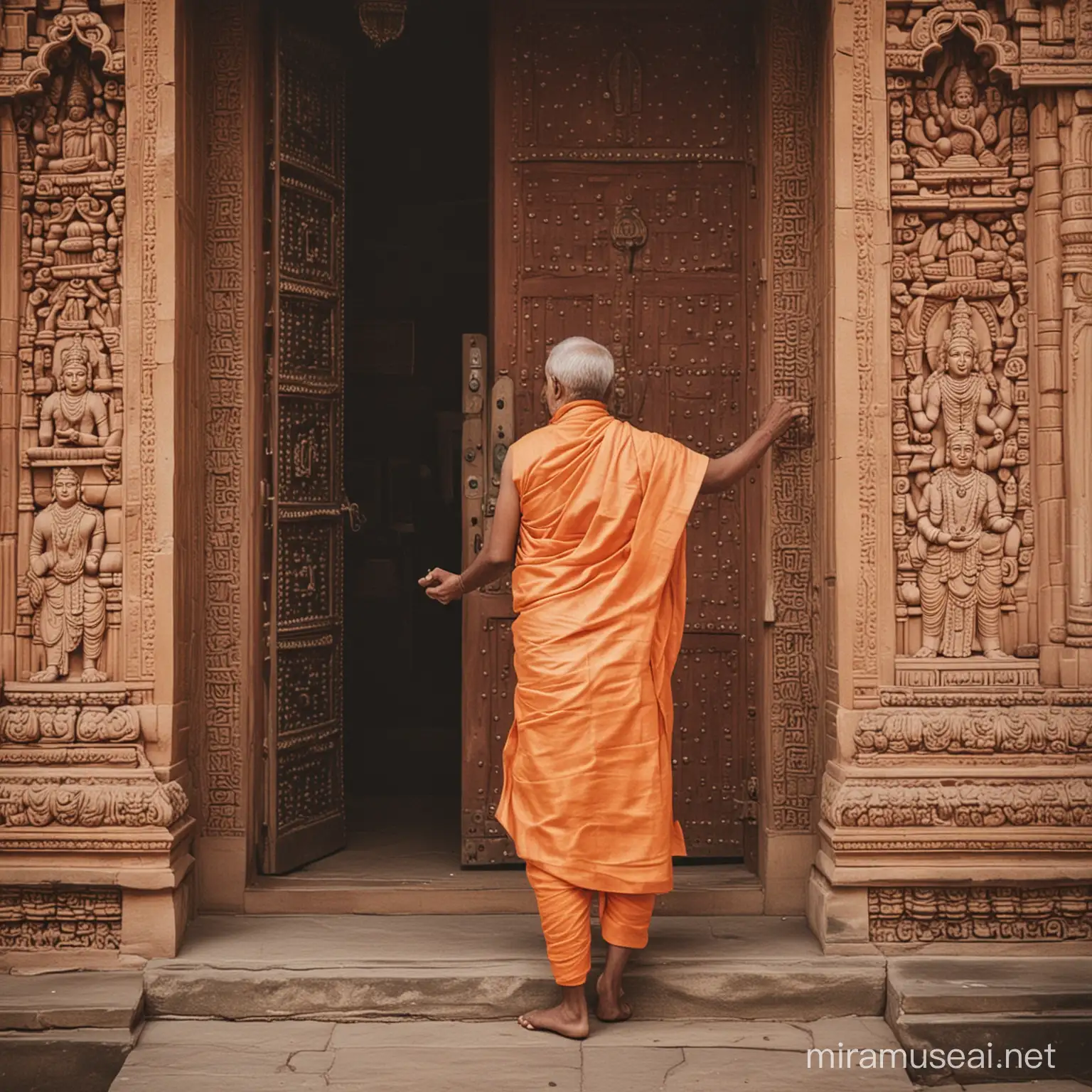 I want a photo in which a Pandit is opening the door of the temple.