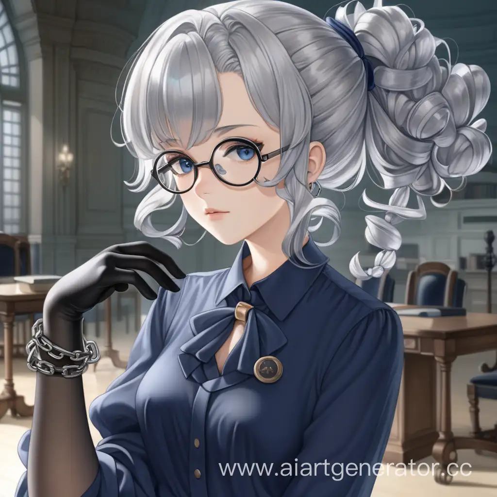 anime, lady, white hair, curly hair, tied in a bun, oval glasses attached to a chain, blue blouse, navy skirt to the heels, black gloves, pale skin, gray eyes, prim and conservative strict lady