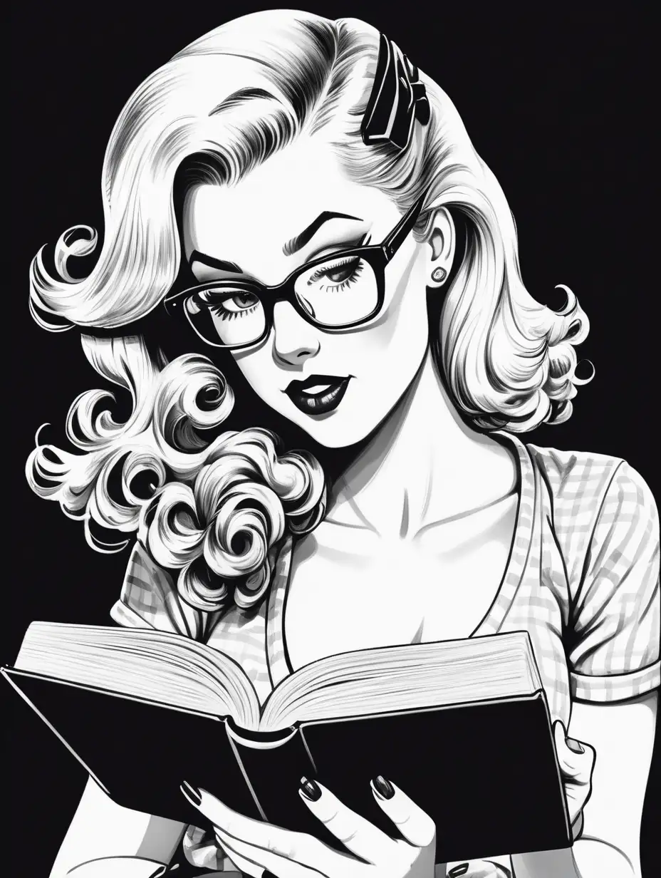 beautiful blonde pinup wearing glasses, reading a book, black and white illustrated style