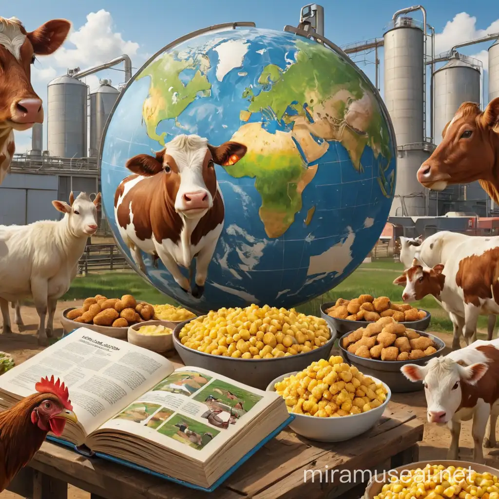 User
buatkan cover buku tentang daya saing bisnis peternakan, berisi gambar globe Dunia, ada pabrik pakan, ternak modern ada silo,  gambar jagung, polard, ada gambar  poultry , sapi, kambing, Chicken Nugget

