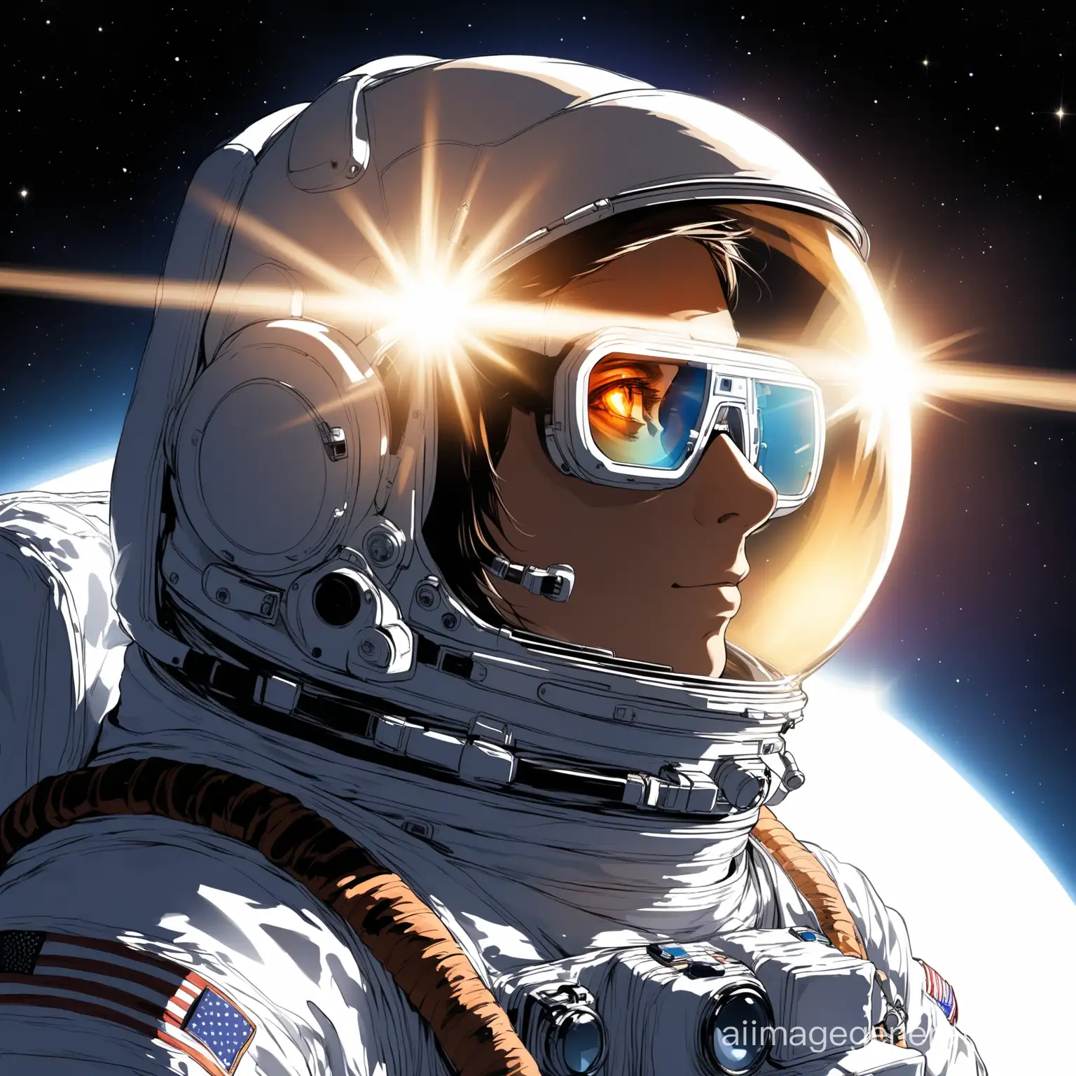 Profile shot, astronaut wearing X-ray glasses, long beams of light bursting from his eyes