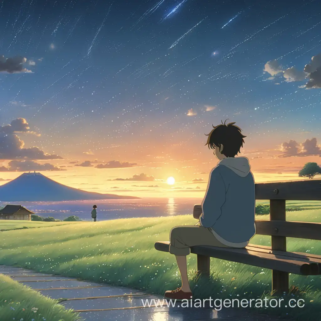 Lonely-Travelers-Journey-GhibliInspired-Anime-Sunset-with-Symbolic-Rain-and-Falling-Stars