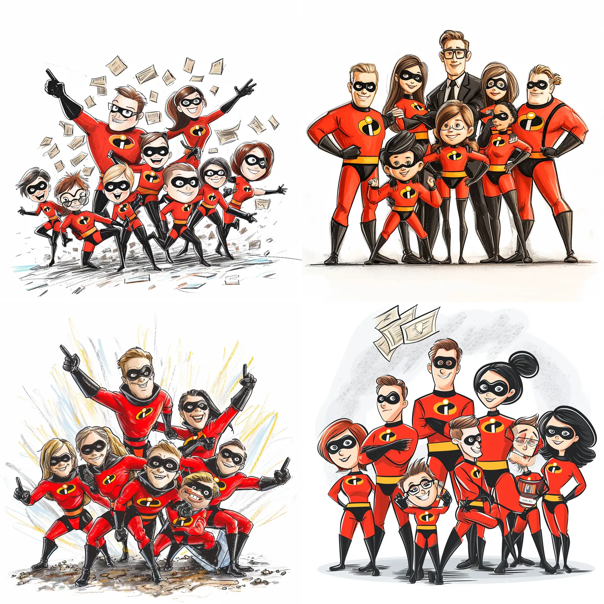 A young professional marketing team consisting of there people dressed as the incredibles saves customers from bankruptcy, and makes coustomers happy and satisfied ,on white background, chalk sketch style, white background. 