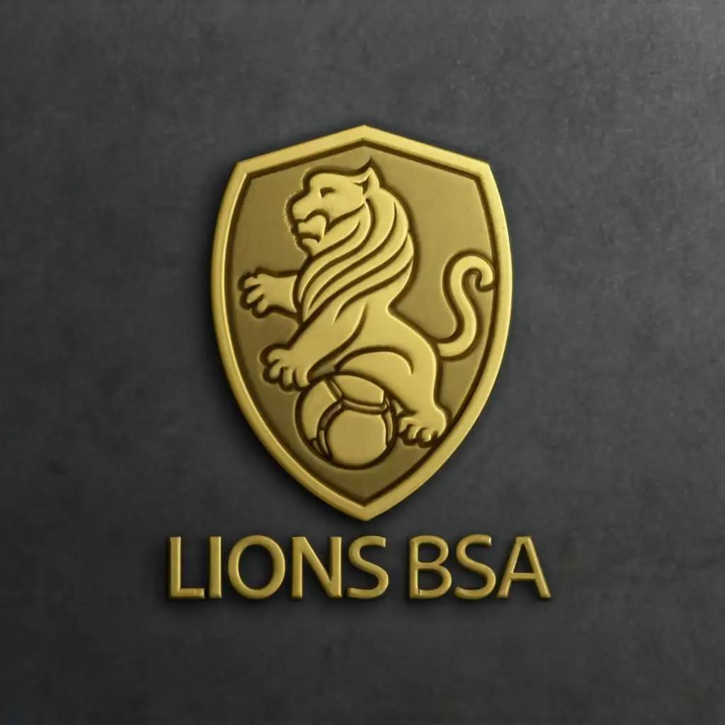 a logo design,with the text " Lions BSA", main symbol:logo football club needs lion with football color luxury gold 3d,Moderate,clear background
