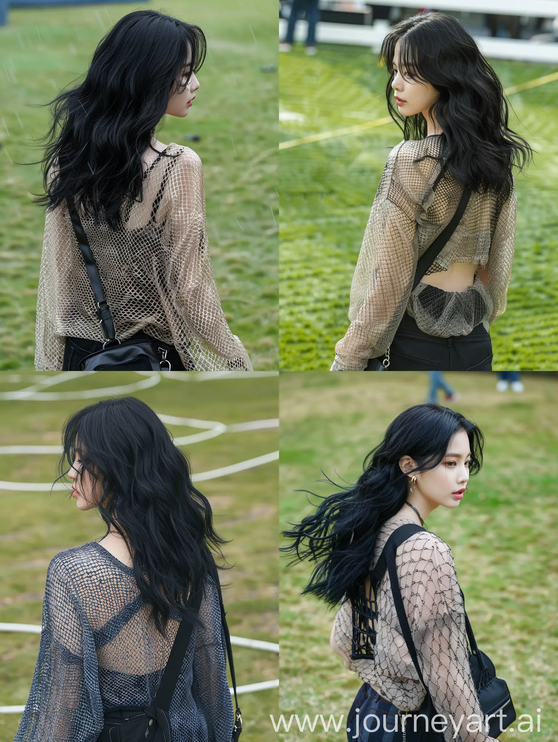  aestethic selfie, blackpink's jennie, walking on a grass, back body, medium black hair, wavy,  wearing net cardigan, black shoulder bag --ar 3:4