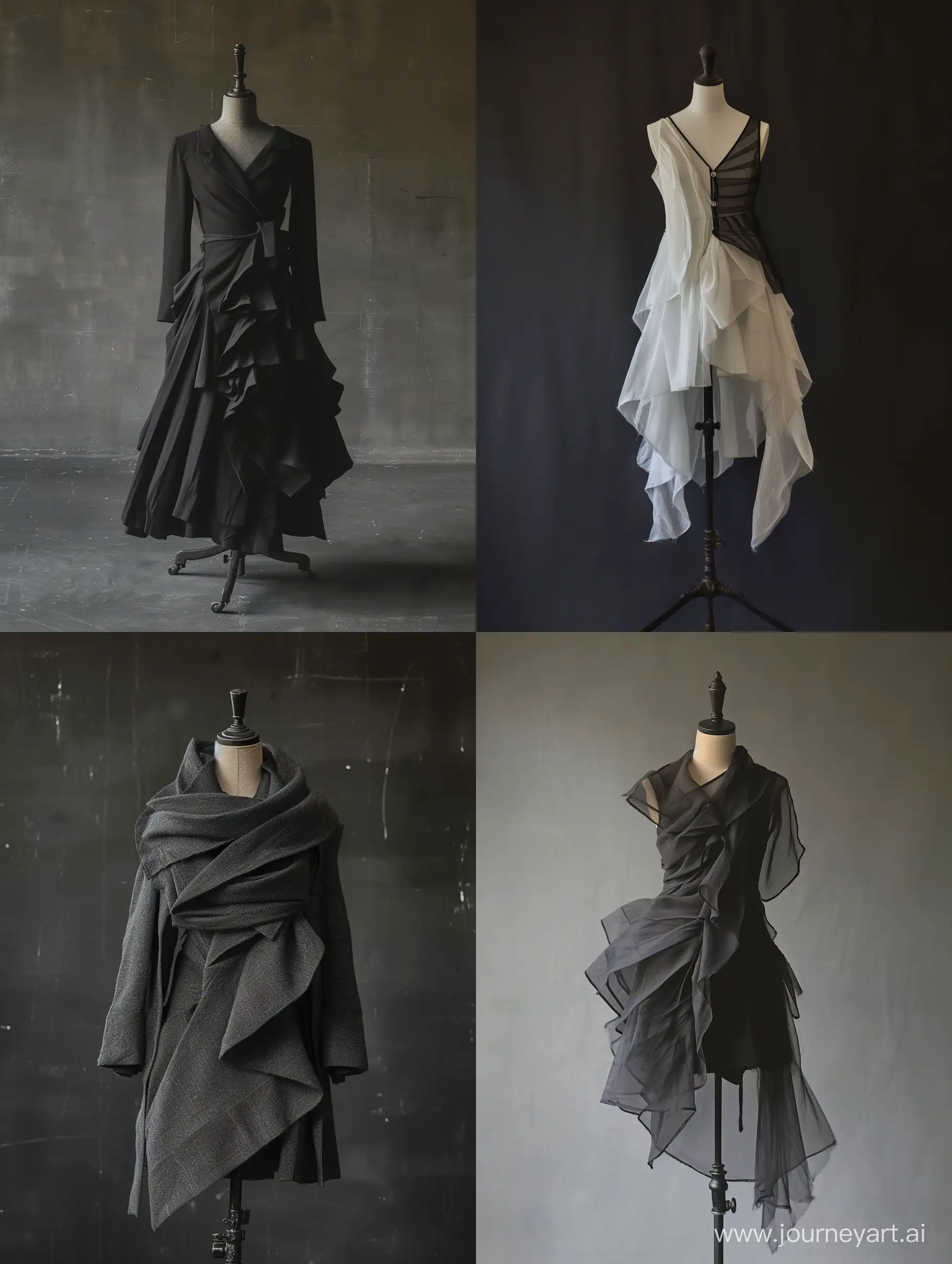 одежда вдохновленная фотографиями daido moriyama, деконструктивизм, складки, драпировка, на портновском манекене 