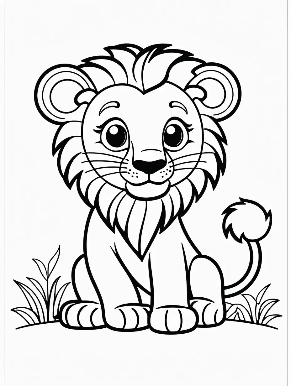 Easy coloring book for 2 years toddler. Easy Lion. Without colors and shadows. Without background.