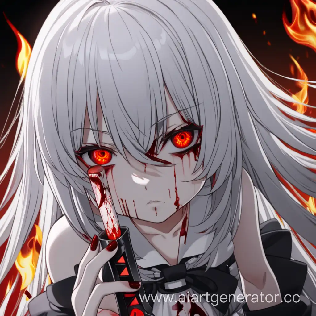 anime killer girl with bloody stiletto knife with scary red eyes with fire in this eyes with white hair