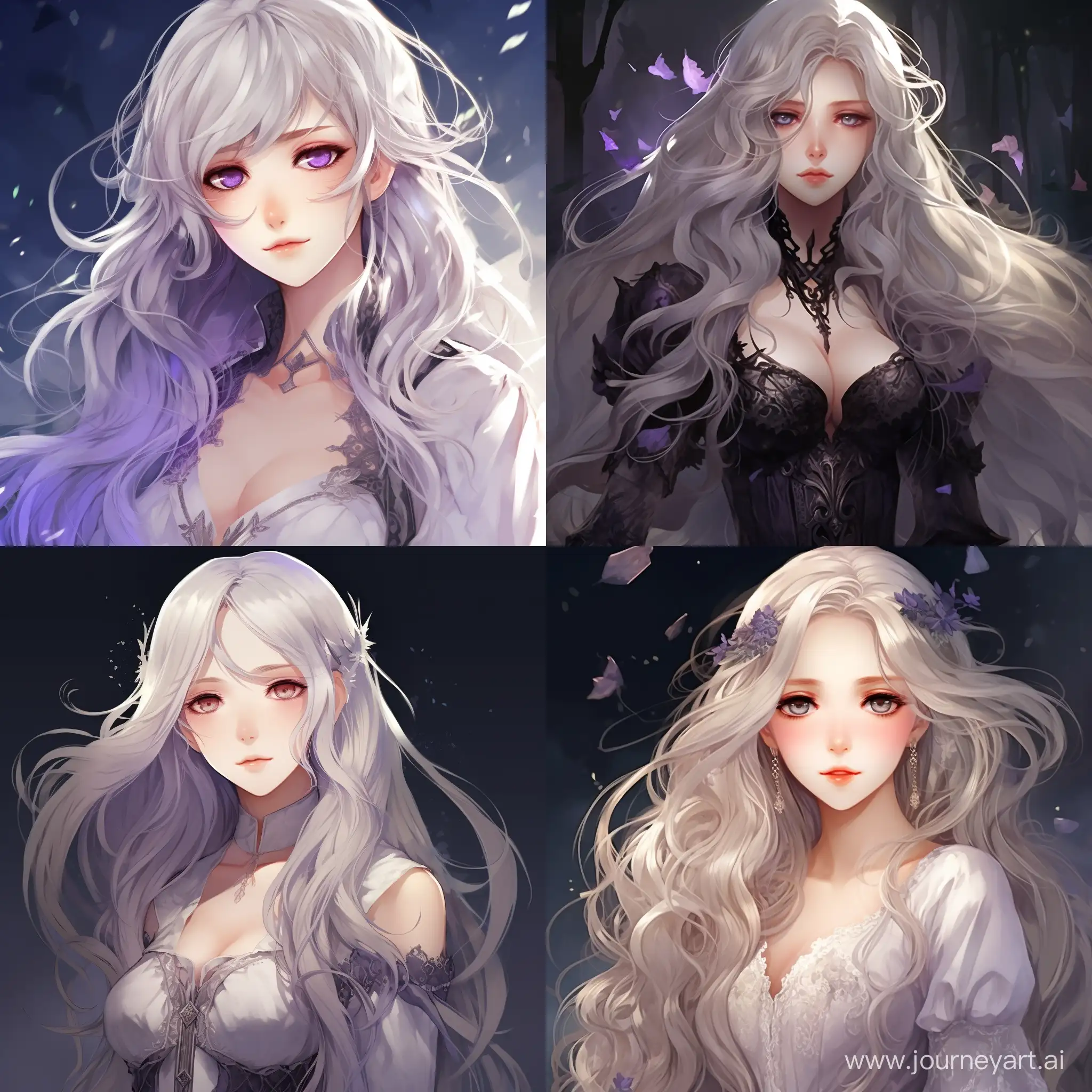 woman, long white hair, anime stile, purple eyes