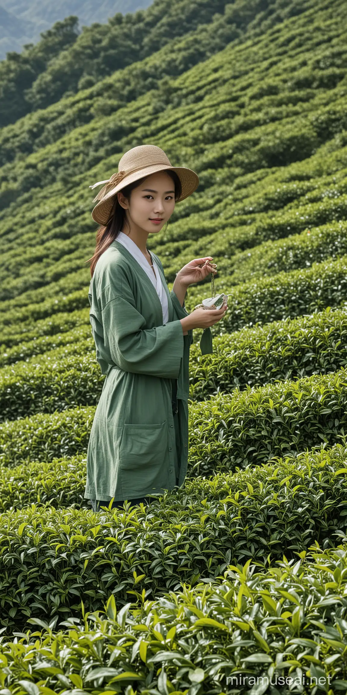 Young Chinese Woman Picking Tea Leaves in Beautiful Tea Mountains