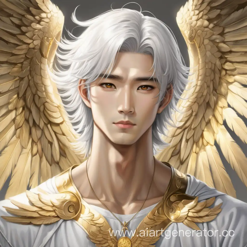 ангел с золотыми крыльями серыми глазами светлой кожей и азиатской внешностью мужчина и белыми волосами 