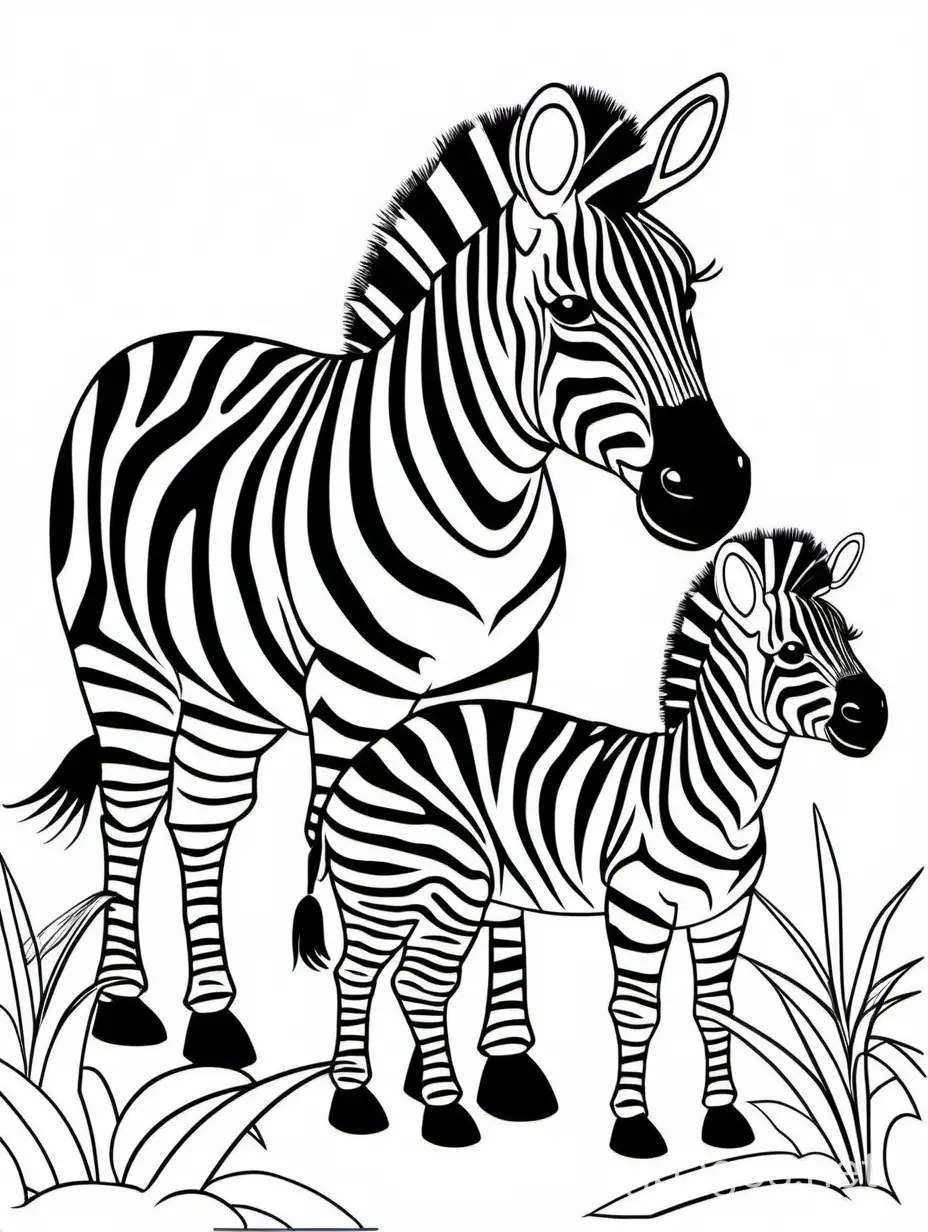 Zebra and his baby for Kids is easy , Coloring Page, black and white, line art, white background, Simplicity, Ample White Space. The background of the coloring page is plain white to make it easy for young children to color within the lines. The outlines of all the subjects are easy to distinguish, making it simple for kids to color without too much difficulty
