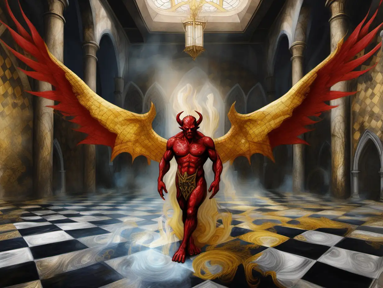 Fantasy Demon with Elemental Wings in Grand Hall