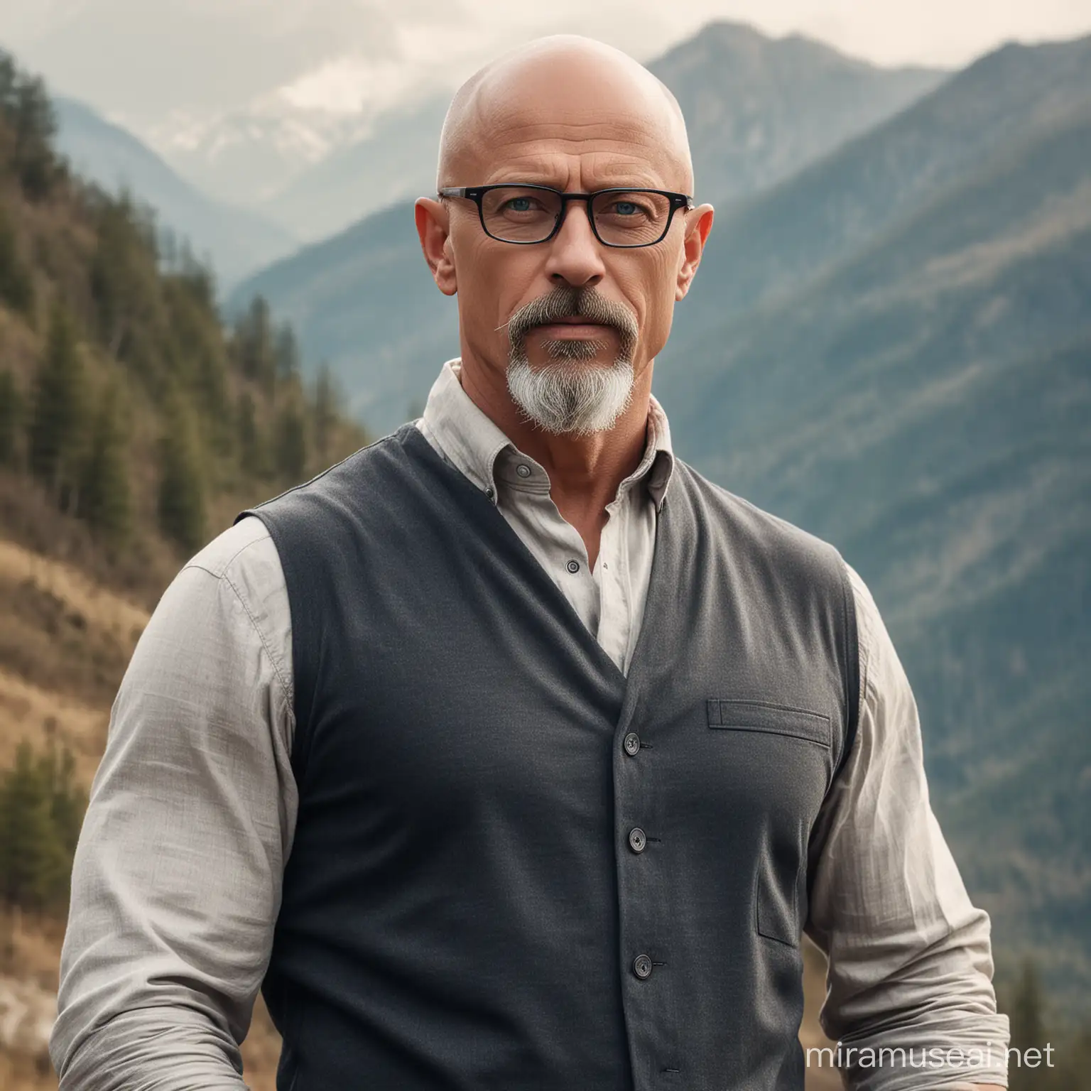 Muscular Bald Man with Stylish Glasses in Mountainous Landscape