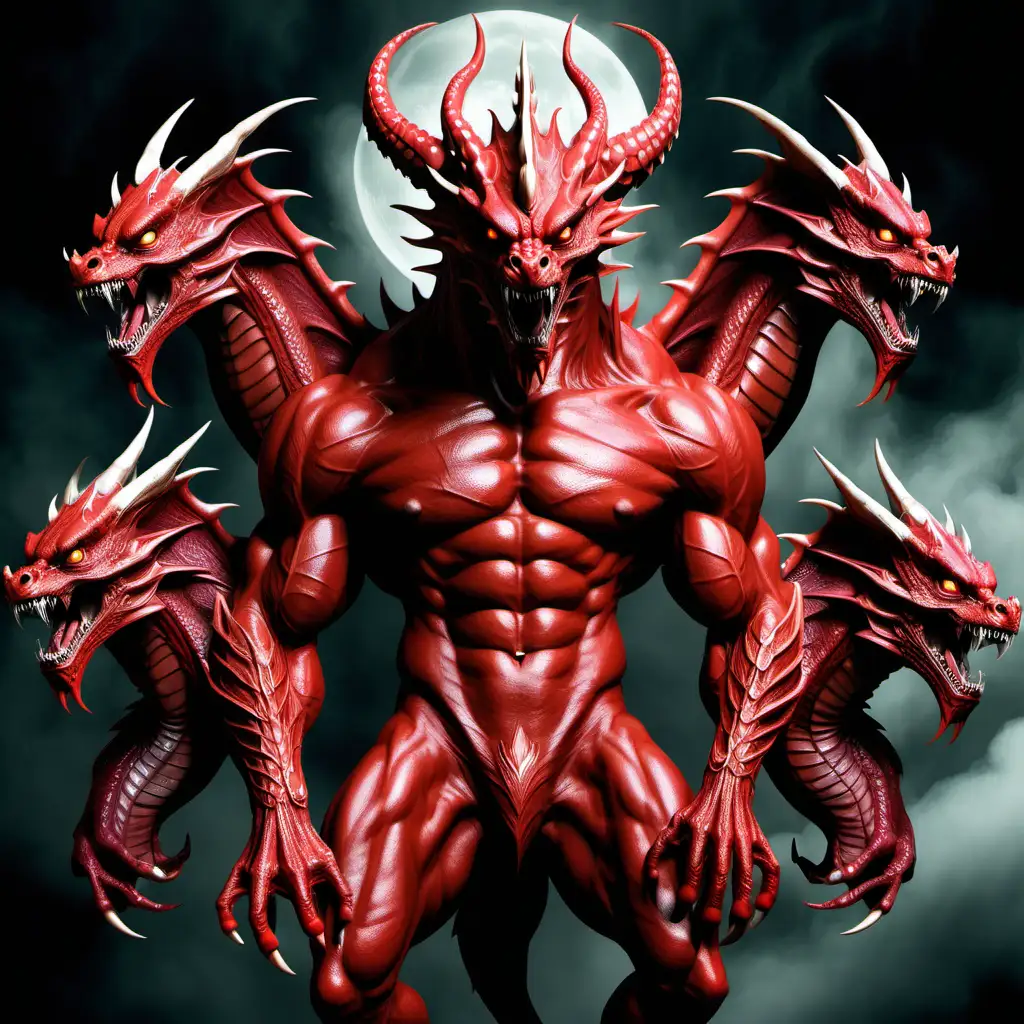 create an evil image of an evil red dragon with enormous muscles and veins and seven dragon heads with seven crowns

