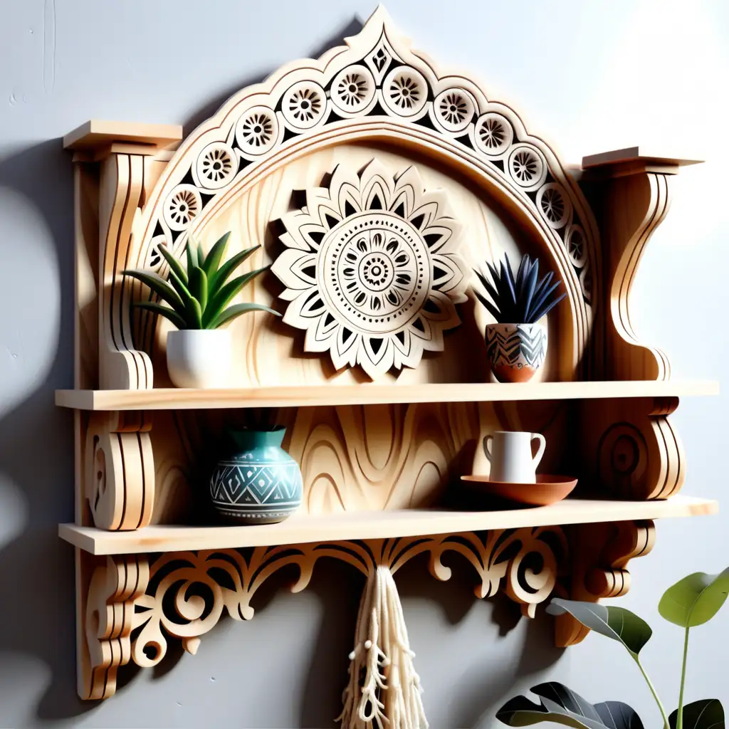 Boho Wooden Wall Shelf with Carved Functionality