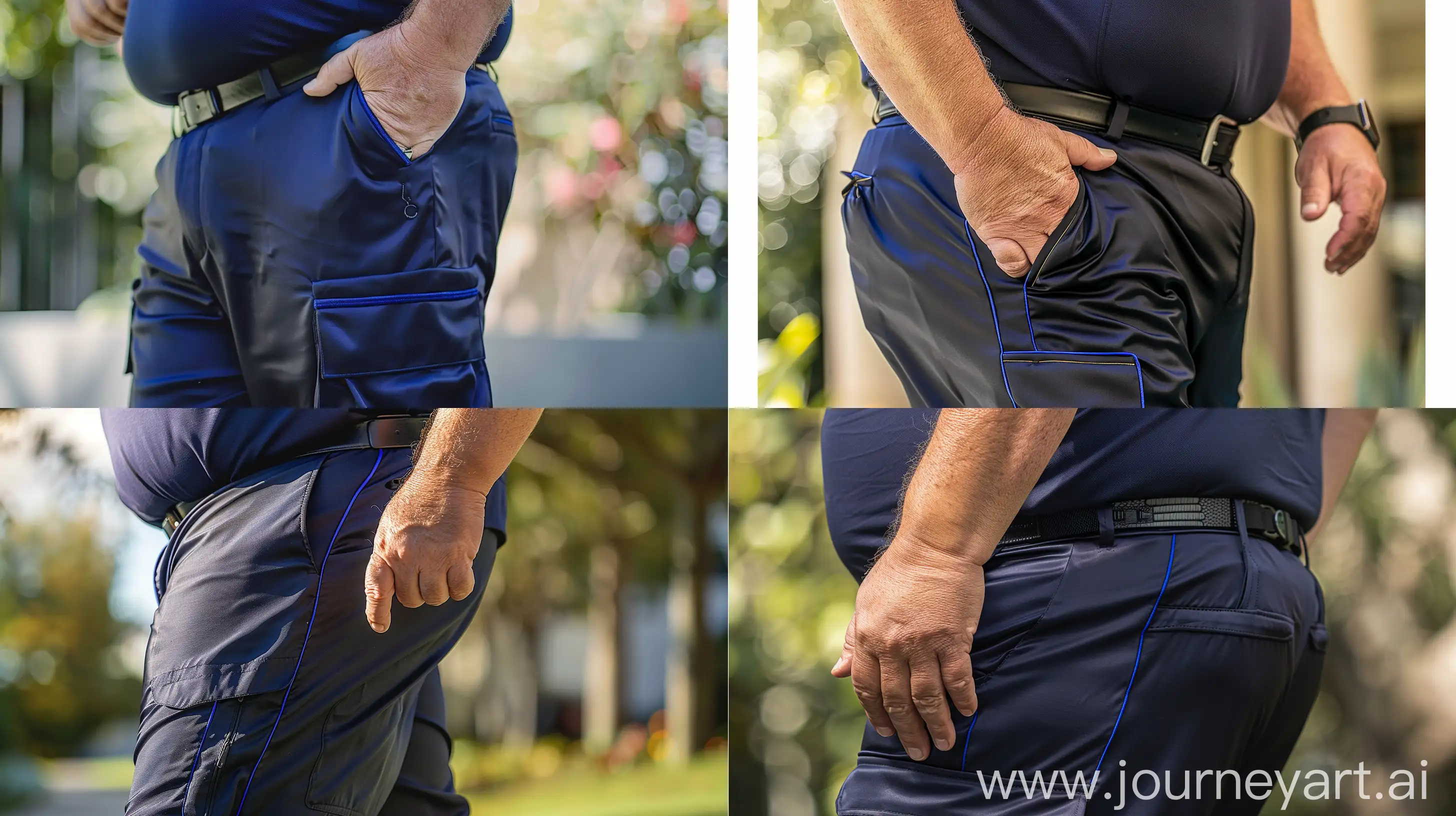 Close-up photo of a fat man aged 60 wearing silk navy blue cargo pants with a thin royal blue piping on the side of the leg and a tucked in silk navy polo shirt. Black tactical belt. Running. Natural light. --ar 16:9