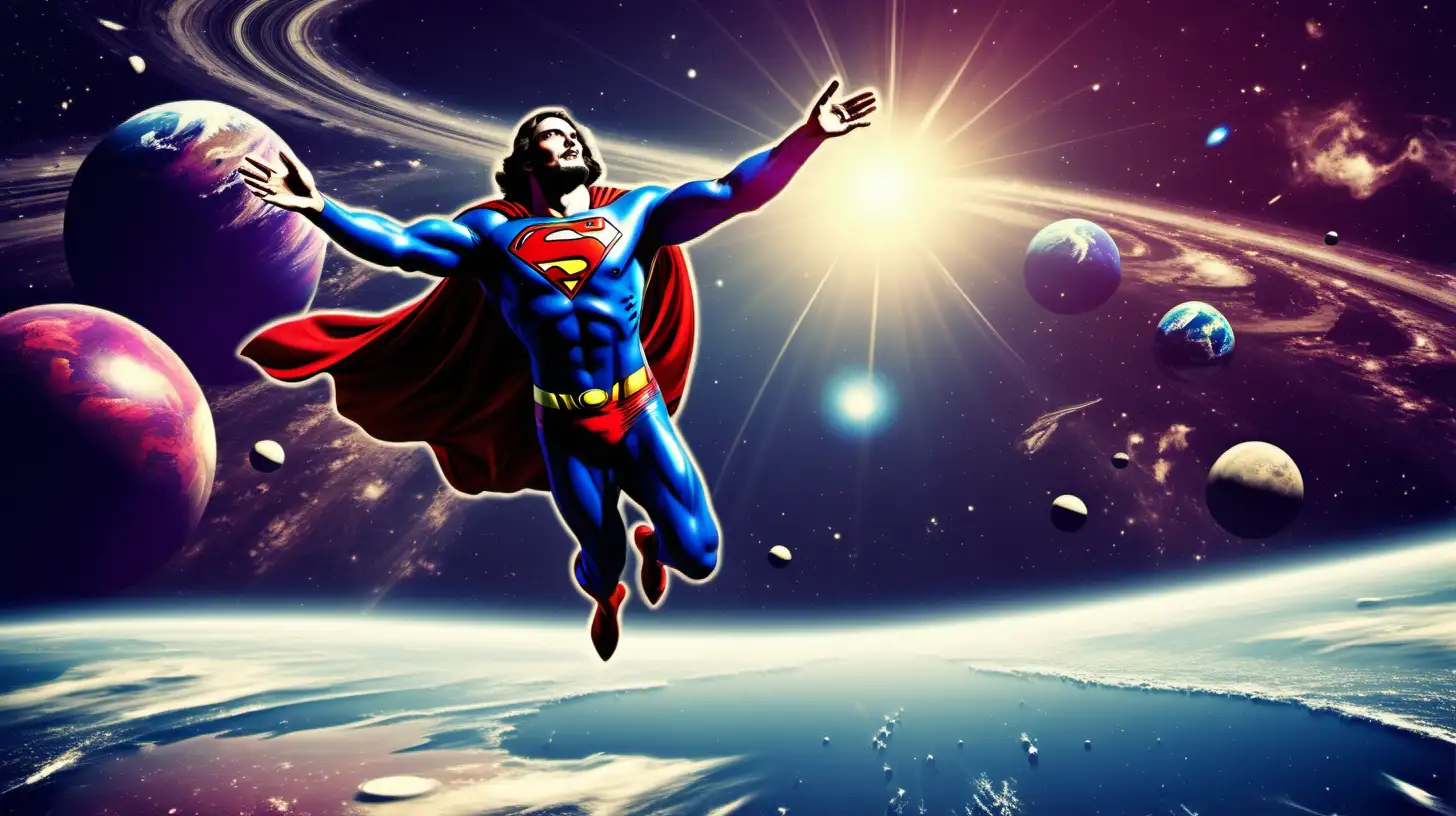 create a special picture of the space planets in our solar system, create a Jesus Christ in a superman suit flying towards a planet Earth defying the laws of physics. All in motion, Vintage style, color blue,, red, purple