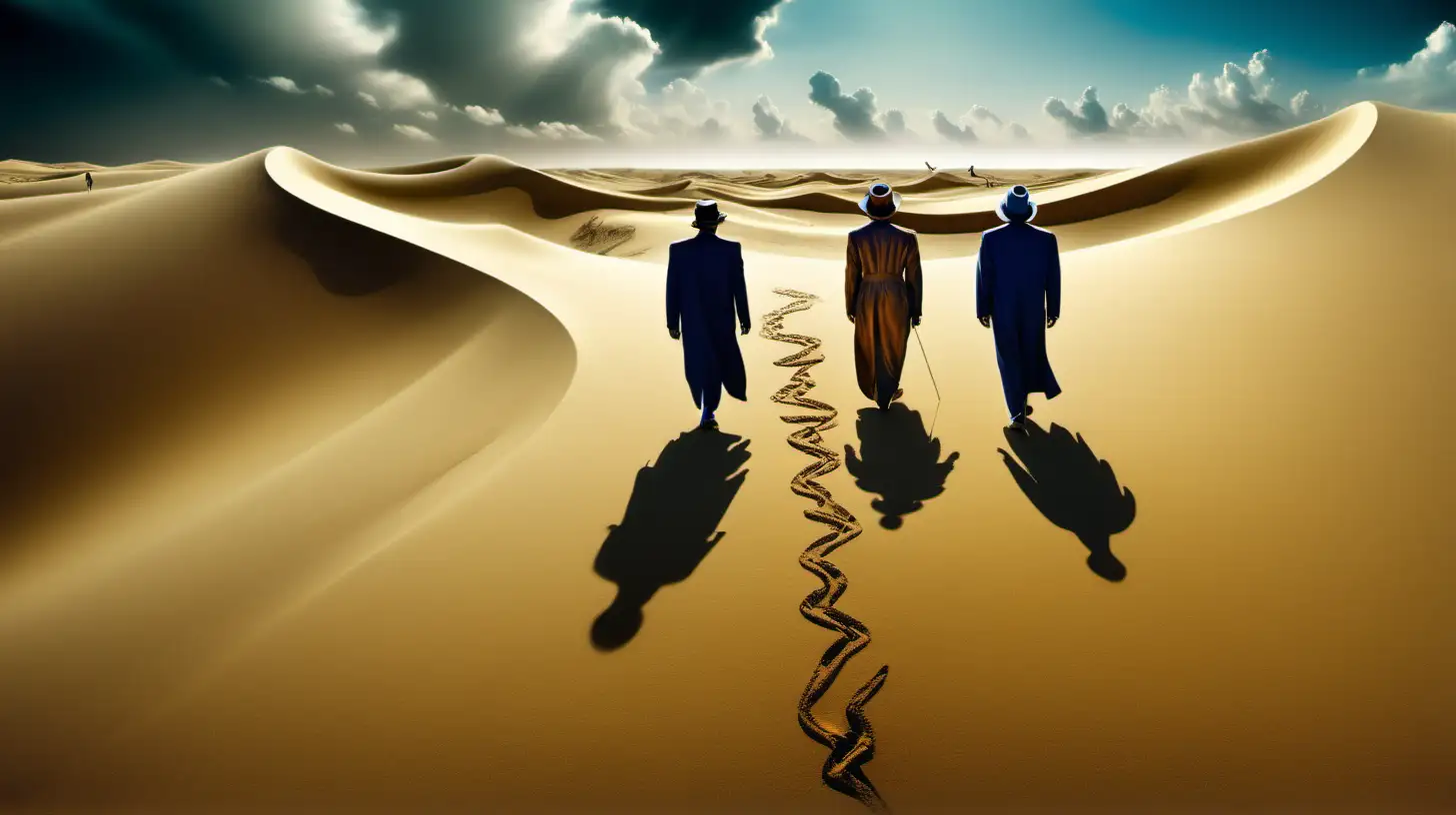 salvador dali  style , two men are walking on the dunes the sky is dramatic  
 the desert is full of colors there is a woman lay down on the sand 