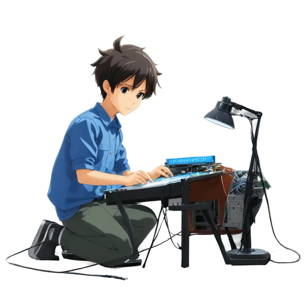 1 boy Electronics Technicians with soldering iron and soldering leds in he hands anime