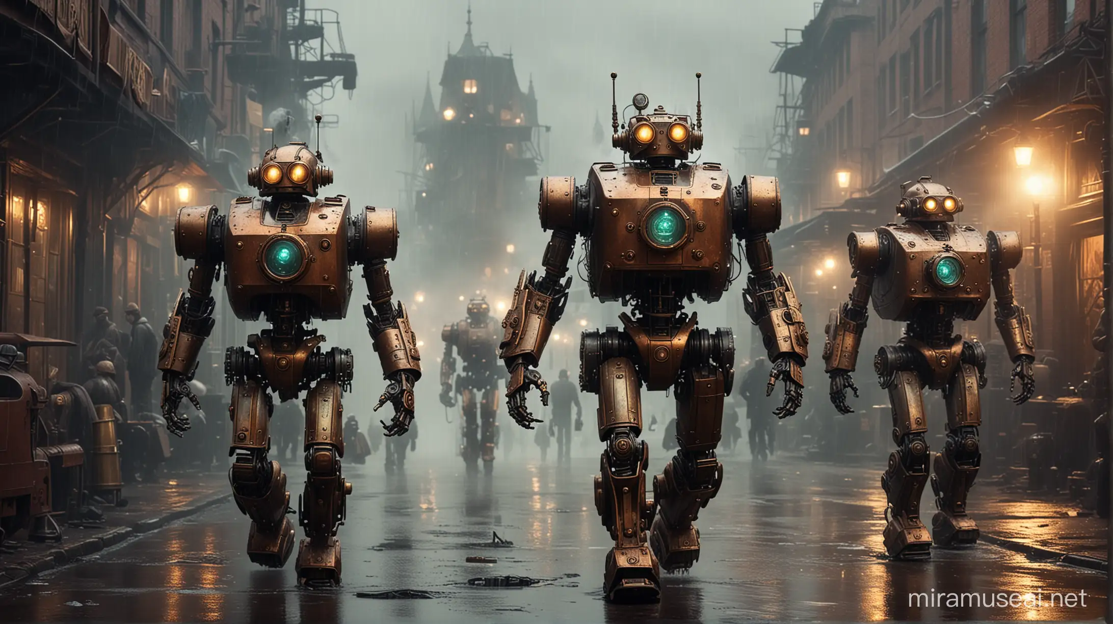 Army of steampunk robots enters a steampunk city. copper, brass, glass, steam, smoke. dark. hard rain.
