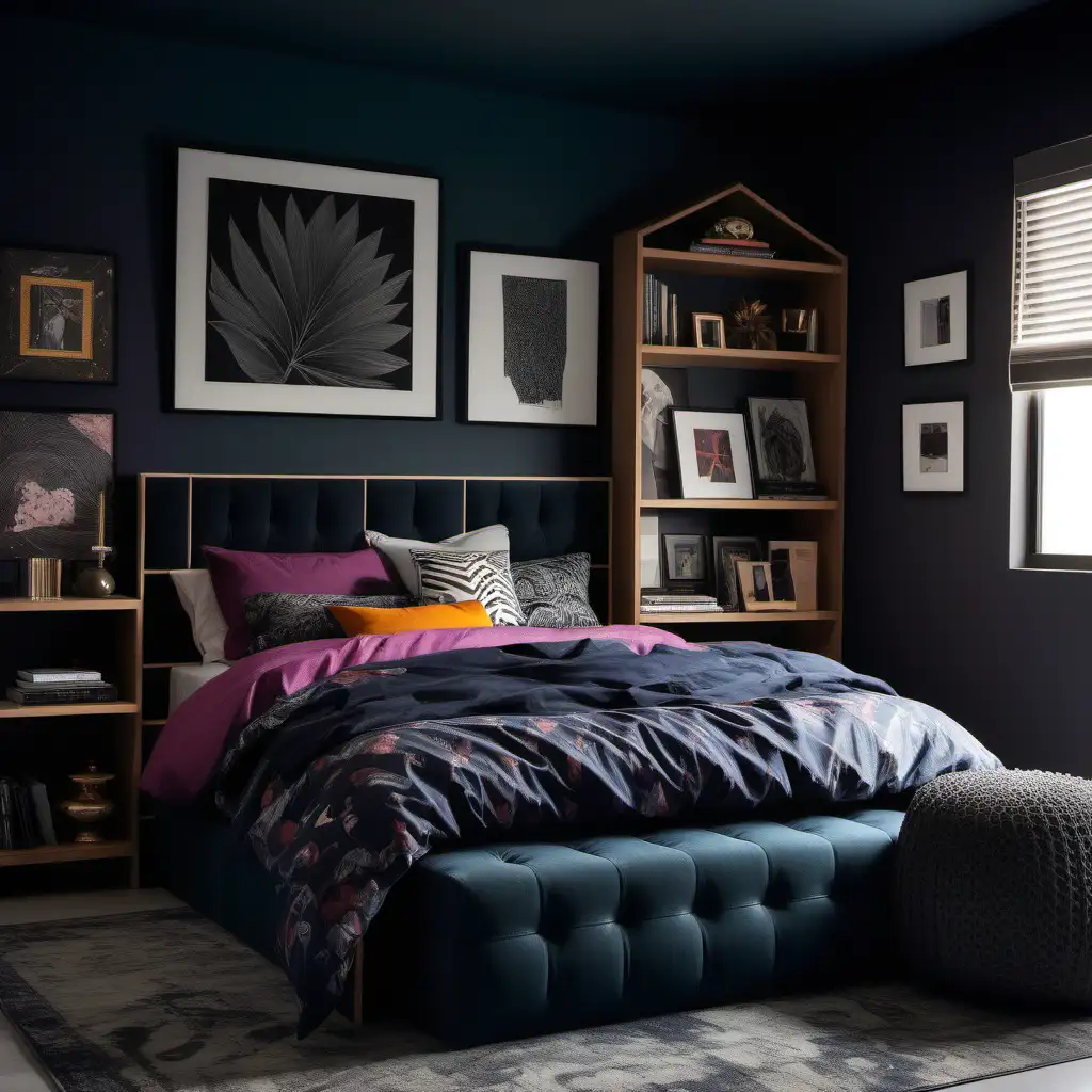 interior design a room with a queen size bed, moody colors and prints, and storage, for a teenager who likes reading and art