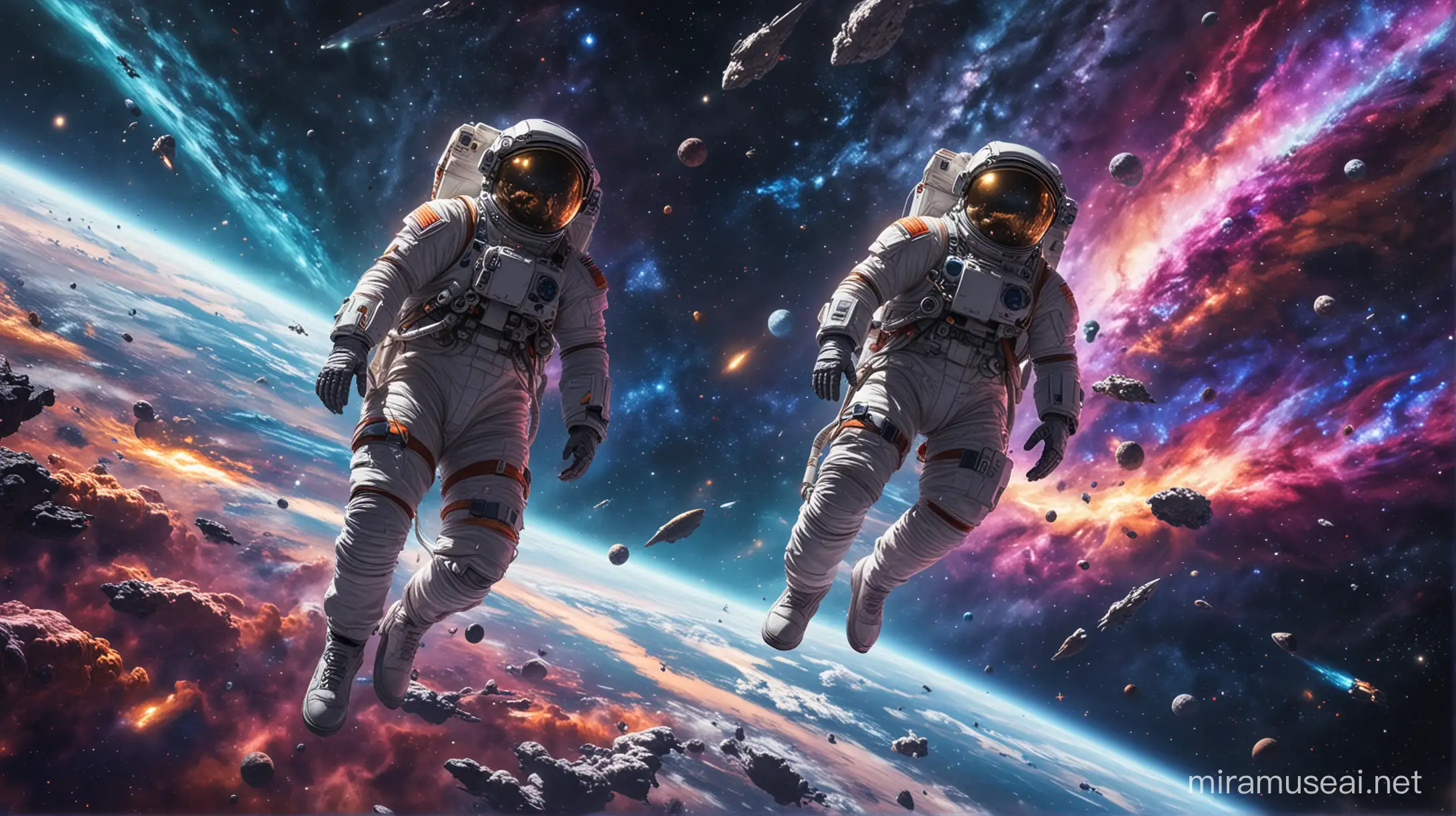 Two astronauts floating in space with a lot of colors, anime style, hyperrealistic, masterpiece, stars, galaxies, starships, rockets, starbase
space vortex, globulous